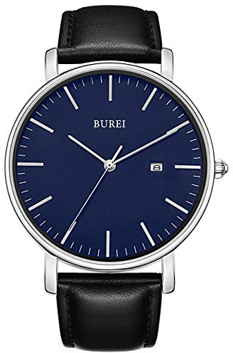BUREI Herrmode minimalistiskt armbandsur analogt datum med läderrem