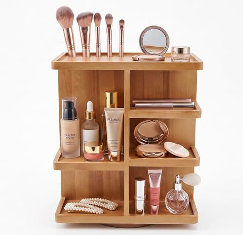 Spiretro Drehbarer Kosmetik-Organizer, Multifunktions-Aufbewahrung, 360 Grad Karussell für Make-up, Toilettenartikel, Waschtisch, Schreibtisch, Schrank, massives Naturholz mit Akazienbraun
