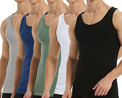 Falechay Débardeur Homme Lot de 5 Maillot de Corps 100% Coton Musculation Sport Maillot de Corps Noir Blanc Gris Bleu Vert XL