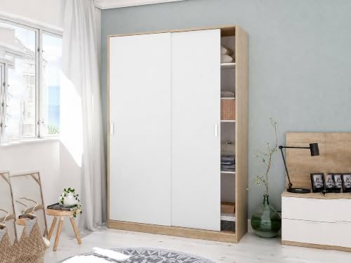 Dmora - Guardaroba 2 ante Waterbury, Armadio per camera da letto, Mobile con 4 ripiani e barra appendiabiti, 120x50h200 cm, Rovere e Bianco