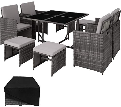 tectake Lounge Möbel Set aus 4X Stühle, 1x Tisch, 4X Hocker, wetterfest und platzsparende Cube Aufbewahrung inkl. Schutzhülle, Outdoor Rattan Gartenmöbel für Balkon, Garten und Terrasse - grau