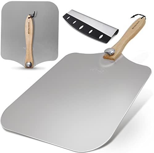 KITCHUS MOON Large Pizza Peel 16 inch - Extra Large Metal Pizza Peel with 14 inch Stainless Steel Pizza Cutter Rocker, Pizza Paddle with Folding Handle (13x16 with 14 Cutter)