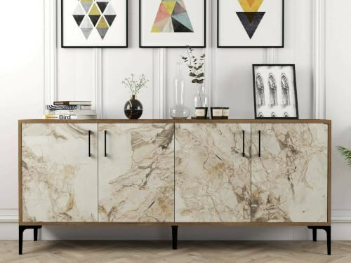 Dmora - Kommode Orionis, Wohnzimmerbuffet, Wohnzimmer-Sideboard, Moderne Küchen-Speisekammer, 180x35h78 cm, Nussbaum und Weißer Marmor
