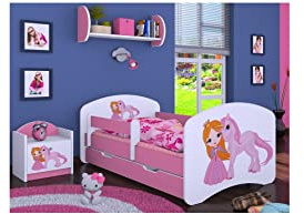 BDW Barnsäng med madrass och sänglåda 140/160/180/190, olika varianter för flickor rosa !!! (Prinsessa med enhörning, 140 x 70)