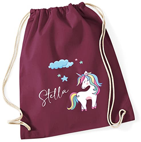 Turnbeutel Mädchen mit Namen und Einhorn | Motiv Unicorn Wolke Sterne | Personalisierter Stoffbeutel mit Kordel