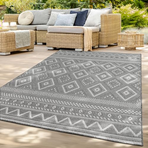 TT Home In-& Outdoor Teppich Wetterfest Balkon Küche Wohnzimmer Boho Rauten Design, Farbe: Grau 2, Größe:160x220 cm