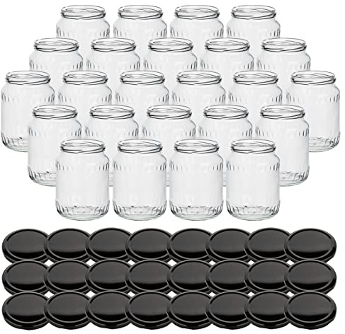 gouveo 24er Set Einmachgläser 720 ml Facette mit Schraubdeckel schwarz BS - Vorratsgläser mit Drehverschluss TO82 - Leere Marmeladengläser (EGF720SZBS)