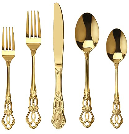 Runfly Gorgeous Retro Royal Gold Stainless Steel 20 Pieces Flatware Set, Golden Silverware Set, Anti-rust Stainless Steel Gold Cutlery Set Utensils Including Fork Spoon and Knife