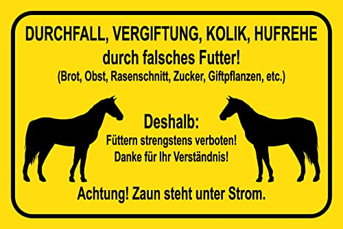 Blechschild 30 x 40 cm Warn Schild: Pferde füttern strengstens Verboten ! Zaun steht unter Strom ! - DekoNo7
