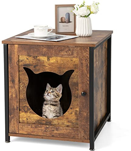 GYMAX Katzenhaus Katzenklo Schrank, Katzentoilette 50 x 53 x 55 cm, Multifunktionaler Katzenschrank mit Tür & Eingang, aus Holz & Metall, für kleine & mittlere Katzen (Braun)