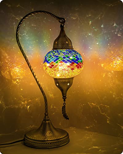 Yarra-Decor Turkish Moroccan Mosaic Table Lamp with Bronze Base - 3 Color Options Handmade Swan Neck Tiffany Mosaic Glass Bedside Lamps for Bedroom, 19 Color2(LED Bulb Included)