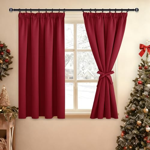 DWCN Vorhang Blickdicht Verdunkelungsgardinen mit Kräuselband Vorhänge Wohnzimmer Vorhang-Krawatten, Wärmeisolierende Gardinen Kurz Thermovorhang Vorhänge Küche,137x167cm(HöhexBreite), Rot, 2er Set