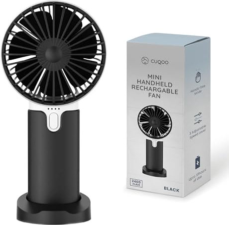 CUQOO Mini Handheld Fan – 2400mAh Battery - USB Rechargeable Fan with 3 Speeds Settings, Up to 10H Runtime - Ideal for Summer, Travel or Home - Travel Essentials & Gifts for Women and Men - Black