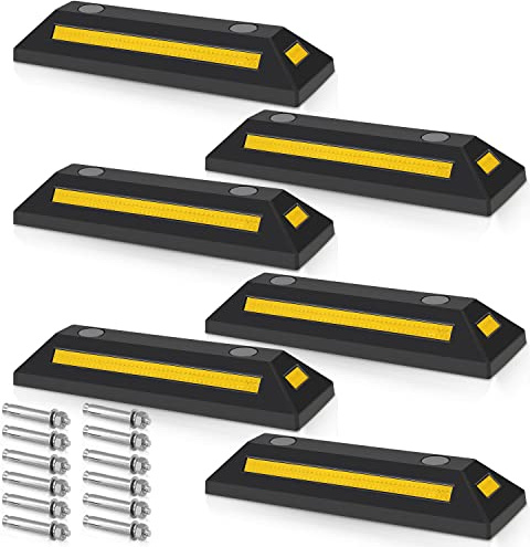 Sonnewelt 6 x Gummi Radstopper, 54x15x10cm Parkplatzbegrenzung, Parkplatzsperre mit Gelb Reflektierende Streifen, Parkstopper mit Dehnschraube, Parkplatzsperren für Parkplätze Garage Parkhäuser
