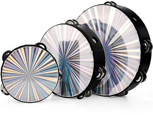 YOUEON 3 Stück Strahlendes Tamburin mit doppelreihigen Schellen, 15/20/25 cm Handtrommel, Reflektierende Tamburine für Erwachsene, Musikinstrumente für Kirche, Tanz, Party, KTV
