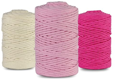 Netuno Baumwollkordel 5mm Elfenbein-Rosa-Fuchsia 3er Set je 100m für Makramee & Wandbehang