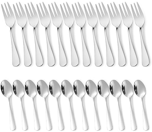 Teelöffel Kuchengabeln Set, 24 Stück Edelstahl Löffel und Gabeln, Kaffeelöffel Espressolöffel Dessertlöffel Gabel Set Dessertgabeln für Haus, Restaurant, Hochzeit (24 Löffel und Gabeln)