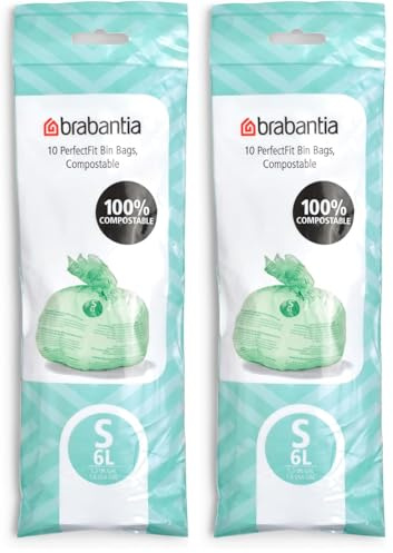 Brabantia 419683 Food Waste Caddy Compostable Bin Liners, 6 L (x10), Code S, Green (Pack of 2)
