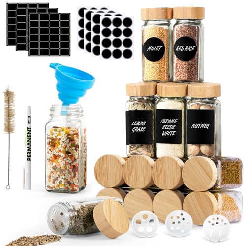 Oududianzi 12 Stück Gewürzgläser Eckig Set mit Bambus Deckel | 120ml Gewürz Organizer mit 144 Etiketten | Gewürze Aufbewahrung | Gewürzstreuer | Gewürzbehälter | Gewürzdosen Set | Spice Jars
