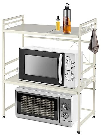 wanwanper Microwave Oven Rack, 3 Tier Microwave Shelf Stand, Expandable Microwave Shelf with 8 Hooks, Desktop Printer Shelf Rack, for Kitchens, Garages, Laundry Rooms, Labs, Offices, 39-65*32*73.5cm (White), JJFTOGR6WDLBS+U9-WLK-UK