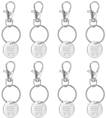 PATIKIL Shopping Trolley Token Key Ring, 8 Pack Stainless Steel Grocery Cart Remover Coin Keychain Unlock Release Key for Meters, Change, Silver Tone