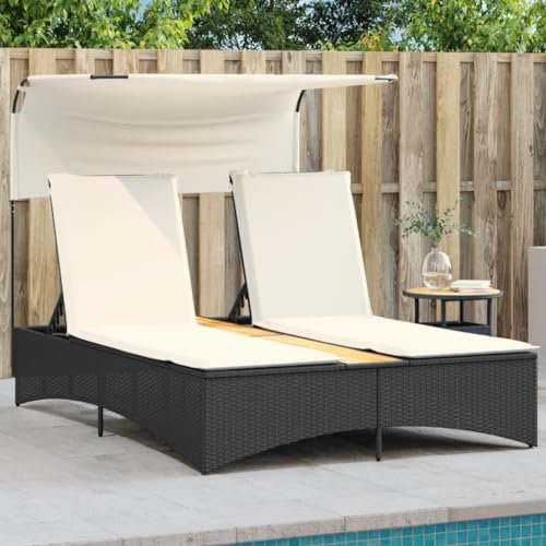 ZEYUAN Doppel-Sonnenliege mit Dach und Auflagen Schwarz Poly Rattan, Gartenliege, Liegestuhl, Sonnenstuhl, Sonneninsel Outdoor, Liegen, Gartenmöbel, Bäderliege, Relaxliege - 365621