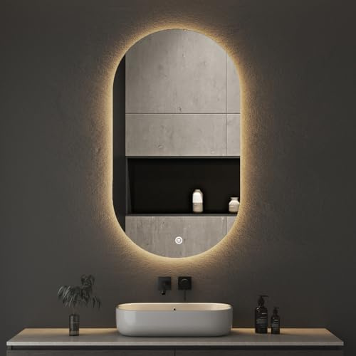 Boromal Badspiegel Oval mit Beleuchtung 50x90cm Ovaler Badezimmerspiegel mit Beleuchtung Spiegel mit Licht Oval LED Spiegel Badezimmer Wandspiegel mit Touch-Schalter + 3 Lichtfarbe Dimmbar
