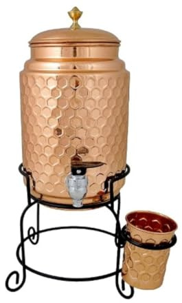 Jewellary Hub - Dispensador de agua con acabado martillado de cobre puro, jarra para tamba, olla Matka, recipiente de almacenamiento de agua, 1 vaso con soporte de hierro de 5000 ml (cobre, Multi