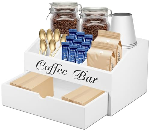 Organiseur de station de café avec tiroir à 5 compartiments - Boîte à thé vintage en bois pour dosettes de café, condiments - Pour comptoir, sucres et édulcorants (blanc)