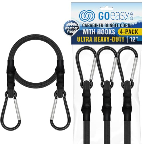 GOEASY0312 Bungee Cords with Hooks Heavy Duty - 12 Elastic Bungee Cords with Carabiner Hooks 200 LBS Max Break Strength, UV Resistant for Camping, Tarps, Bike Rack, Tent, Car - 4pcs (Black)