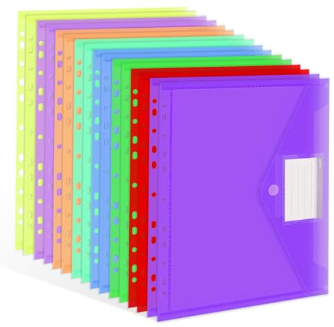 A4 Dokumententasche 32 Stück zum Abheften, 8 Farben Transparent Dokumentenmappe A4 mit 11 Lochrand, Etikettentasche und Klettverschluss für Dokumente Mappen Organisieren