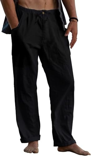 Runcati Pantalones de lino para hombre, holgados, ligeros, de verano, largos, monocolor, para el tiempo libre, playa, yoga, con cordón, Negro , XXL