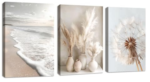 3 Pcs Modernos Cuadros Decorativos Boho Playa Paisaje Cuadros Beige Juncos Pampa Plantas Diente de León Lienzo Cuadros Decorativos Salón Dormitorio Decoración de Pared Listo Para Colgar 30x40cmx3Pcs