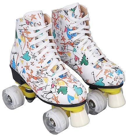 Rollschuhe für Kinder und Erwachsene, Zweireihige 4 Rad Rollschuhe, Weiße Graffiti Rollschuhe Skating Schuhe (36)