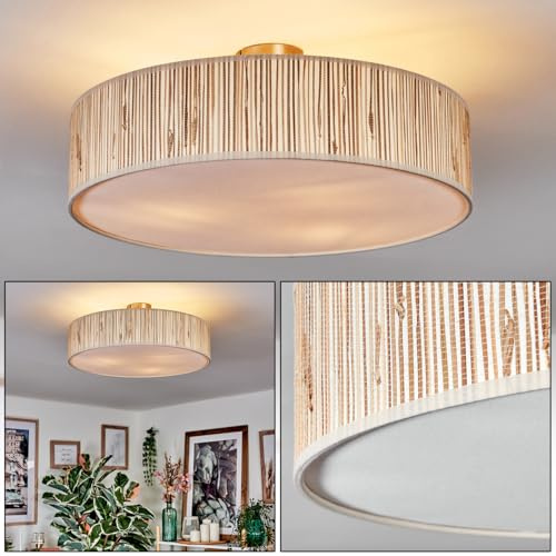 HOFSTEIN Deckenleuchte Foggia, Deckenlampe aus Metall/Seegras/Stoff/Kunststoff in Nickel-matt/Natur/Beige/Weiß, moderne Leuchte (Ø 50 cm), E27, Esszimmer, Wohnzimmer, Schlafzimmer, Küche