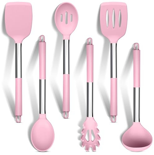 HaWare Juego de 6 utensilios de cocina de silicona con mango de acero inoxidable, resistentes al calor para utensilios de cocina antiadherentes, cucharón, cuchara volteadora, servidor de pasta, apto