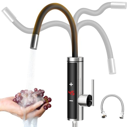 Wasserhahn mit Durchlauferhitzer, Thermostat Warmwasserhahn, 3000W Edelstahl Durchlauferhitzer Wasserhahn mit LED Temperaturregelung, 360º Drehbarer Silikonschlauchhahn, Genaue Temperaturkontrolle