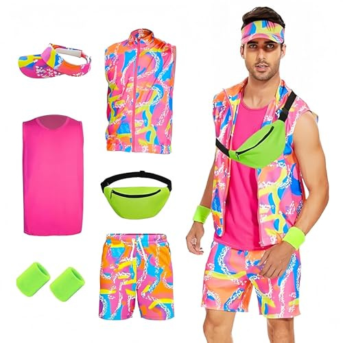 AKFJDLAD 80-tal 90-tal män träningsdräkt outfit retro neon cosplay badkläder set med tillbehör hatt midjeväska armband (2XL)