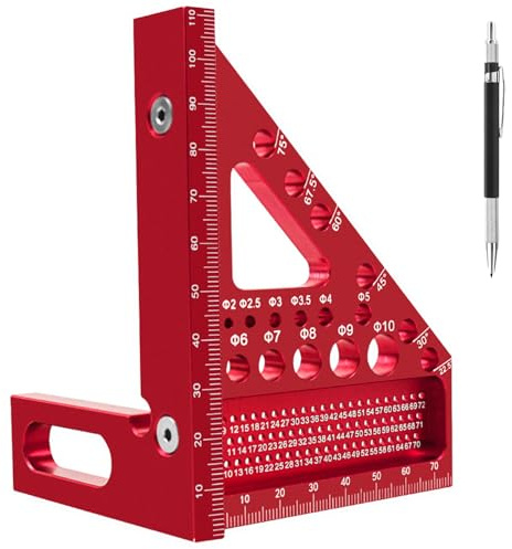 Zimmermannswinkel Winkelmesser Anschlagwinkel, Multifunktional 22.5°-90° Aluminiumlegierung 3D-Gehrungswinkel für präzises Anreißen und Zeichnen, Messwerkzeug für Tischler, Ingenieur (Rot)