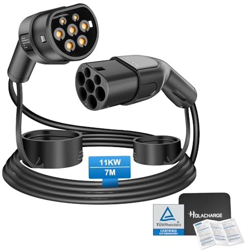 HOLACHARGE 11 kW typ 2, 3-fas laddningskabel, 7 m, svart, bärbar elbils-laddningskabel med TÜV och IP55 för IEC 62196 EV/PHEV