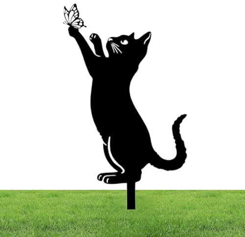 JIEBWCHA Statues De Jardin De Statue De Chat en Métal Mignon 26/30cm Fer Piquet De Cour pour Chat Noir Ornements De Jardin en Métal Statues d'animaux Creuses Ornements Extérieurs pour Pelouse