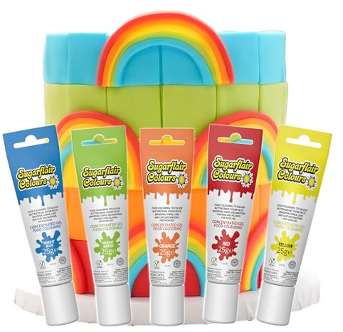 Sugarflair Essentials Food Colouring Gel Set, Rainbow 5x 25g - Concentrated Gel Food Dye for Cake Decorating, Buttercream, Fondant, Royal Icing - Vegan, Kosher, Bake-Stablean, Kosher