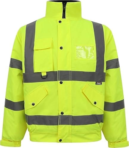 Hi Vis Bomber Jacket Waterproof Safety Workwear – Reflective High Visibility Coat with Padded Lining, Durable Wind Resistant Outdoor Work Jacket