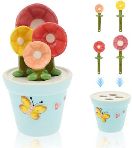 Ceramic Measuring Spoons Set with Storage Pot,Flower Measure Scoops,4 Different Sizes Flower Shapes Reusable Baking Home Kitchen Porcelain Measuring for Dry and Liquid Ingredients(colour,Style 1)