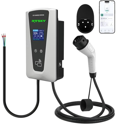 RTSKY 7.4kW EV Charger Type 2 for Home, Smart Electric Car Charger with Bluetooth APP, Adjustable 8-Level Current 6A-32A, PEN Protection, Type A + DC 6mA RCD, 5m Tethered Cable, IP65