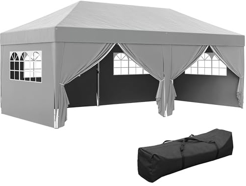 Outsunny Pavillon ca. 6x3m Stabil Winterfest Pop-up Faltpavillon mit Fenster Reißverschlusstür Seitenteilen UV Schutz, Faltbar Partyzelt Gartenzelt Gartenpavillon für Garten Festival, Grau
