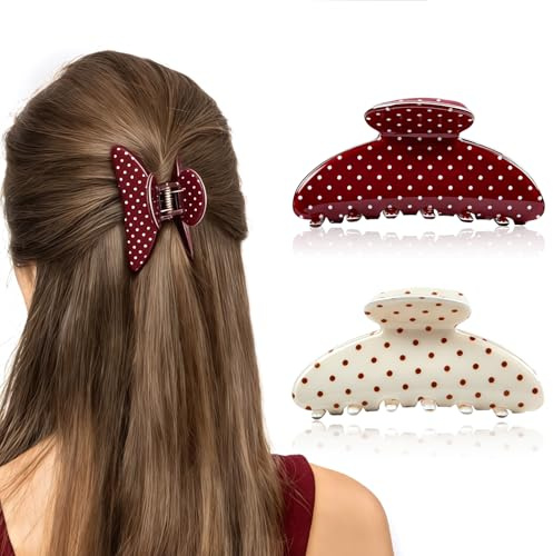 2 Stück Haarspangen Damen, Mittlere Haarklammern, Claw Clip mit Punktmuster, Rutschfeste Haarspangen, Modisch Klauen Haarspangen für Dünnes und Dickes Haar, Geschenk für Frauen Mädchen (Rot + Beige)