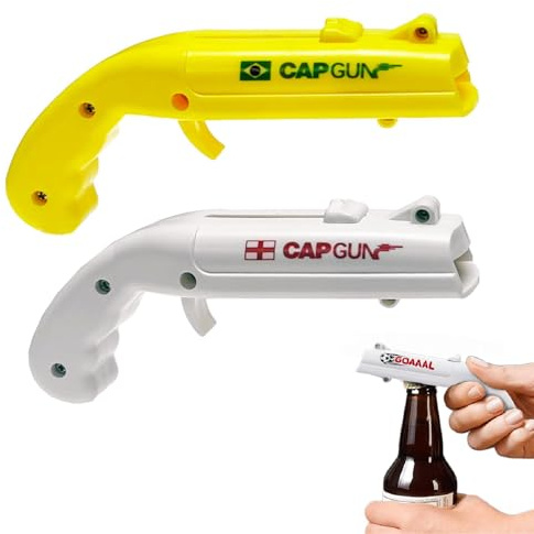 WUMZIRA 2 PCS Abrebotellas Pistola, Abridor de Botellas de Cerveza Divertido con Lanzador de Chapas para Fiestas y, Gadget Original y Creativo, Pack de 2 Abridores (Blanco y Amarillo)