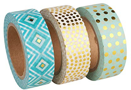 Rayher Washi Tape Set, Box 3 rullar à 10 m, 15 mm bred, 3 mönster i mint/guld, pappersband, dekorativ tejp för pyssel, maskeringstejp, 60891000