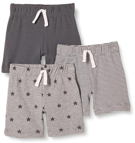 Amazon Essentials Pantalones cortos de algodón sin cordones - colores interrumpidos Unisex Bebés, Pack de 3, Blanco Rayas/Gris Mezcla Estrellas/Negro, 3-6 meses